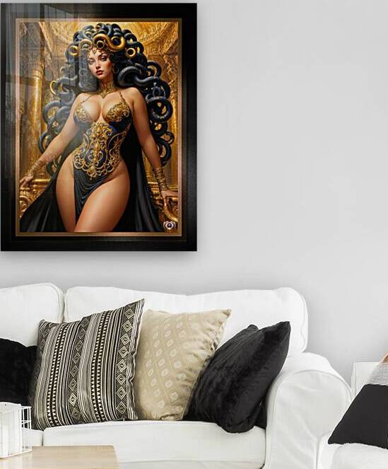 The Medusan Queen in Her Golden Palace Fantasy Art Pin-Up Girl Illustration Mesmerizing AI Concept Art by Xzendor7 by xzendor7