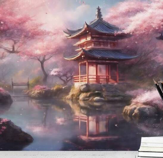 Cherry Blossoms in Japanese Garden by Colors and Arts Gallery