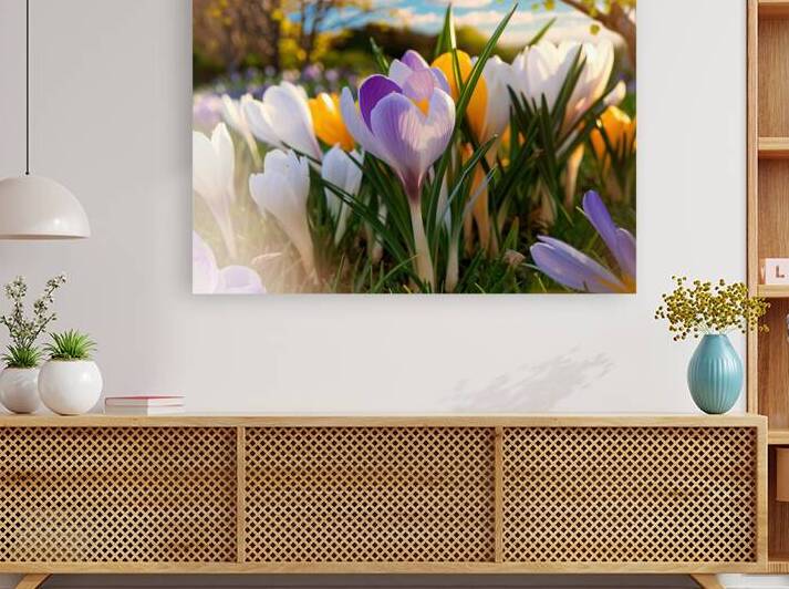 Crocuses white yellow purple blossom on a spring by Mirela Poiana