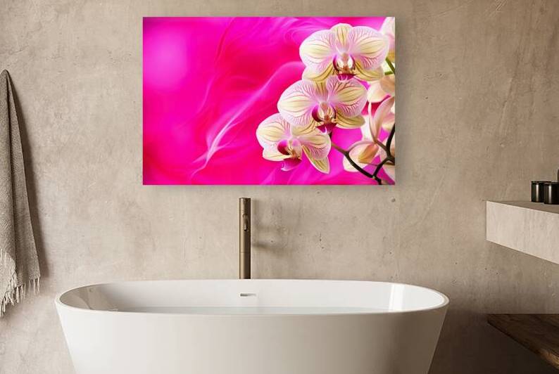 A close up of orchid flowers against a vibrant pi by Mirela Poiana