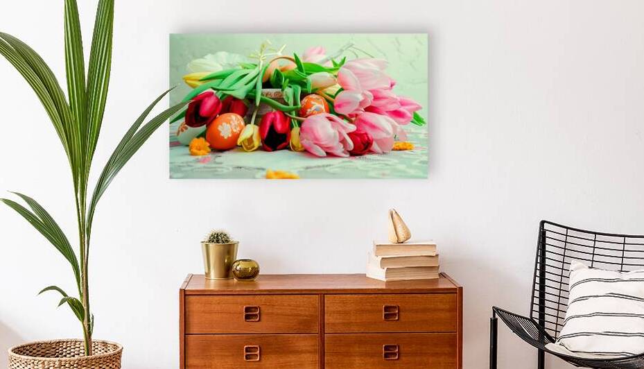 easter still life flowers tulips and painted oran by Mirela Poiana