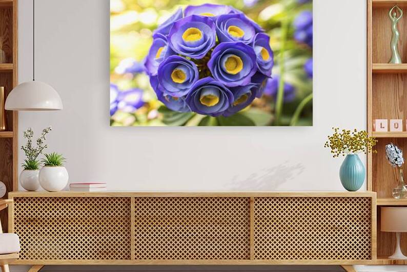 A cluster of vibrant blue flowers with yellow cen by Veres Ioana