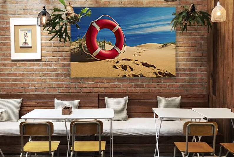 A striking visual of a bright red lifebuoy placed by Mariana Tirca