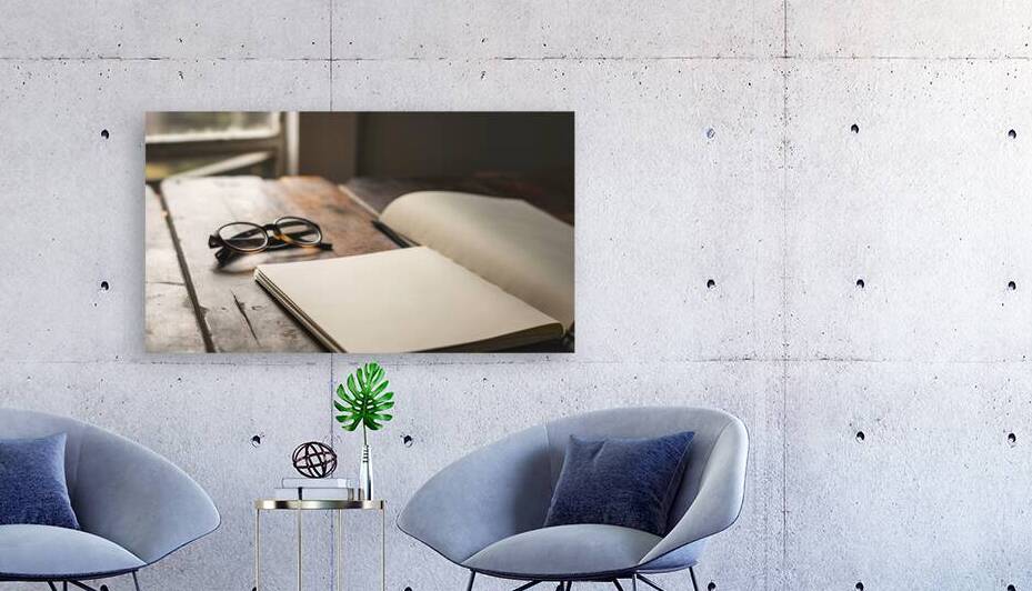 Blank notebook with glasses on wooden table 2 by Marius Tomus