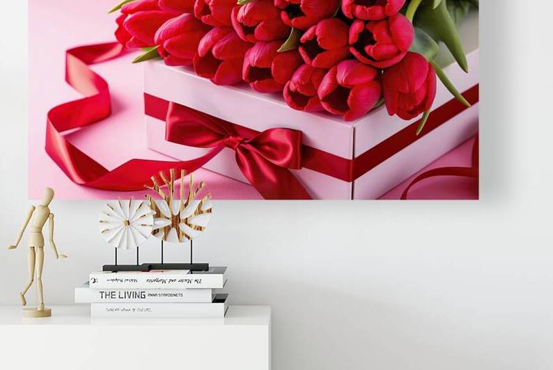 Bright colorful terry red tulips lie on a pink ba by Marius Tomus