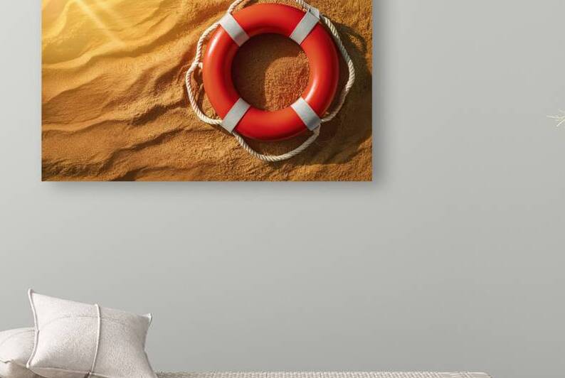 A striking visual of a bright red lifebuoy placed by Dumitru Oniga