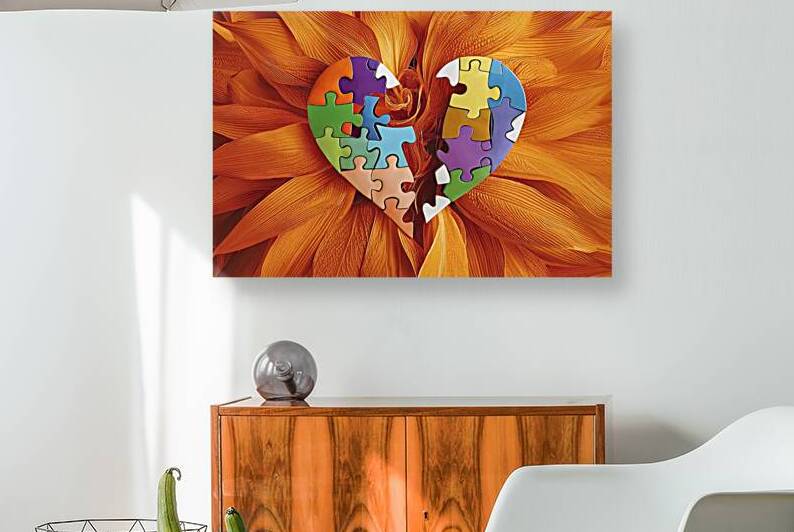 broken heart shape made of puzzle over orange bac by Liviu Ghitun