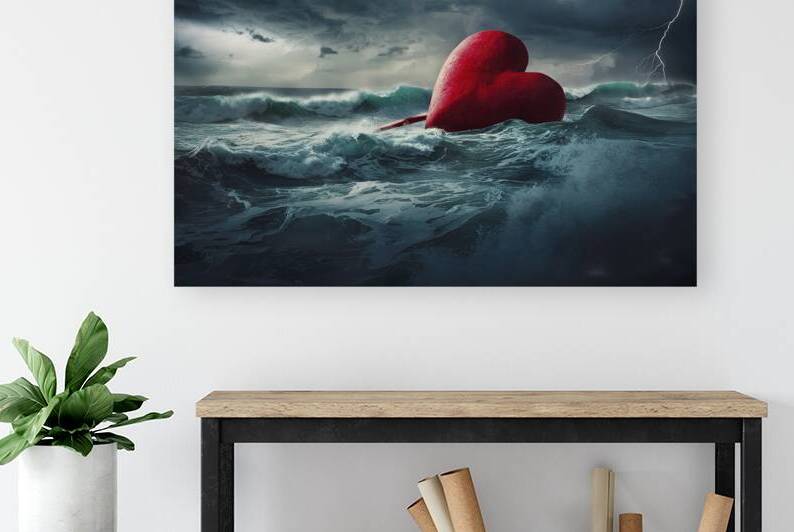 Large Red Heart Precariously Drifting In Tumultuo by Liviu Ghitun