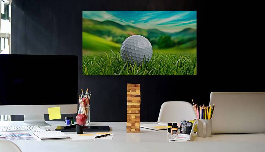 Golf ball close up on green grass on blurred beau by Fieraru Elena