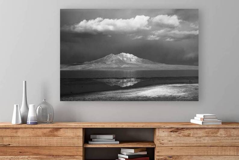 Quisi Quisini volcano and Lake Chungara in black and white Chile by Magical Andes Photography