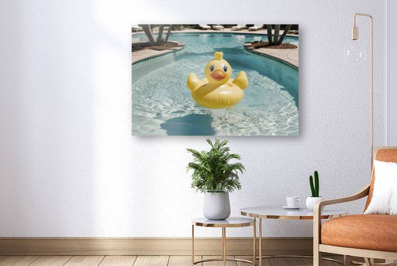 a bright yellow inflatable duck float lounging in by Vasile Brezoianu