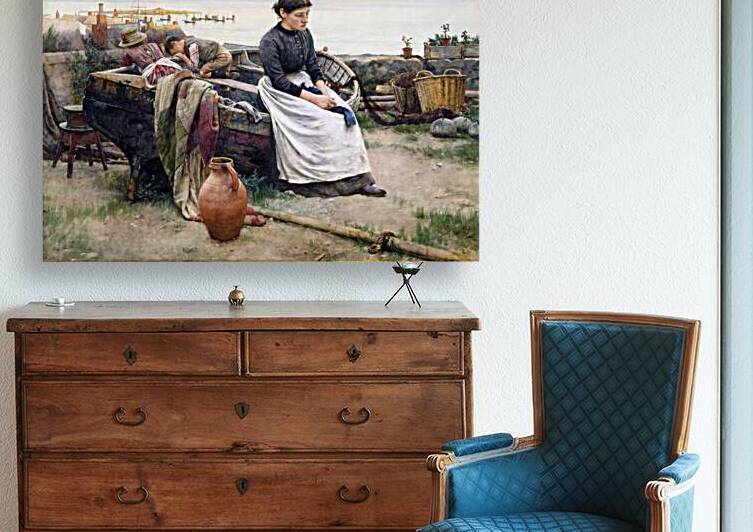 Woman Sitting on Boat Vintage Oil Painting by One Simple Gallery