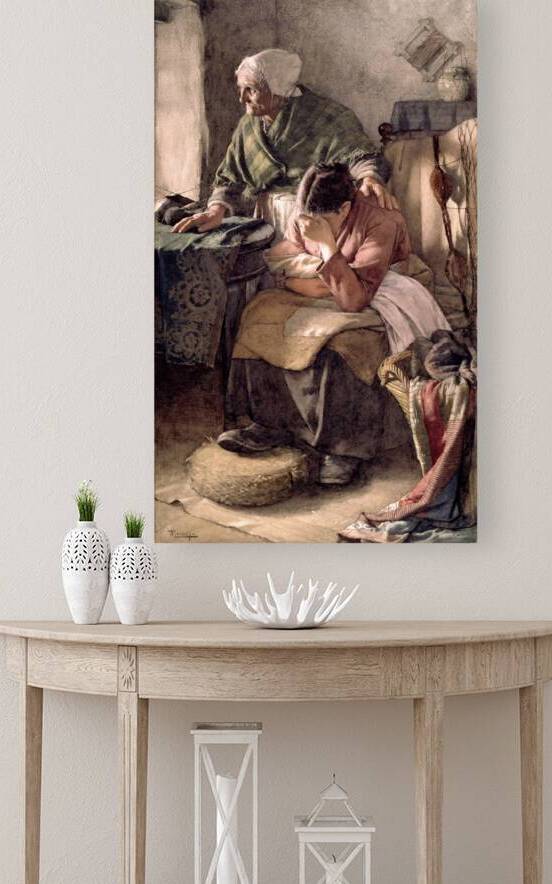 Sad Mother With Baby And Grandmother Vintage Oil Painting by One Simple Gallery