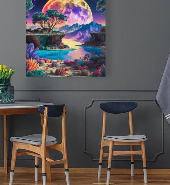 This image shows a fantasy landscape with a large moon in orange and yellow gradient. by Megh25000