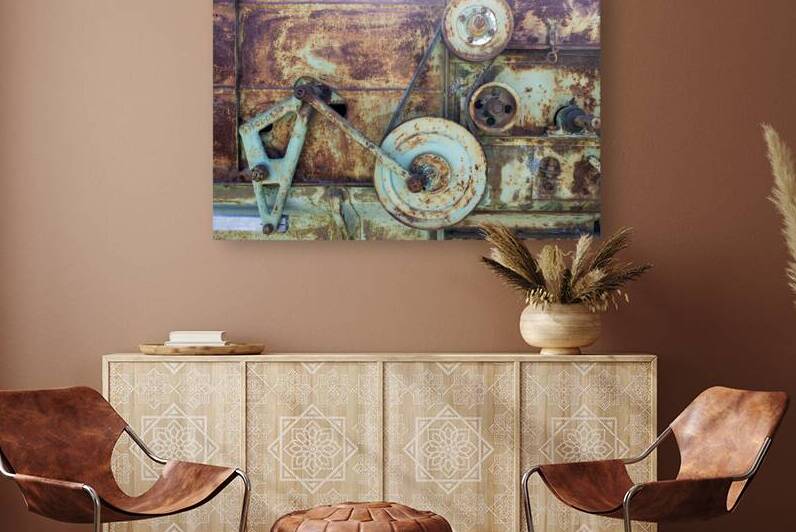 Rusty machine gears pulleys and belt by David Reinhold