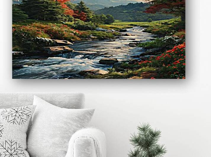 A serene painting depicting a mountain stream surrounded by vibrant red trees capturing the beauty of nature. by Megh25000