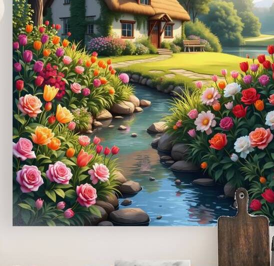 A fairytale cottage surrounded by a vibrant garden featuring a stream and sunlit path embodying cottagecore charm. Generative Al by Arteza