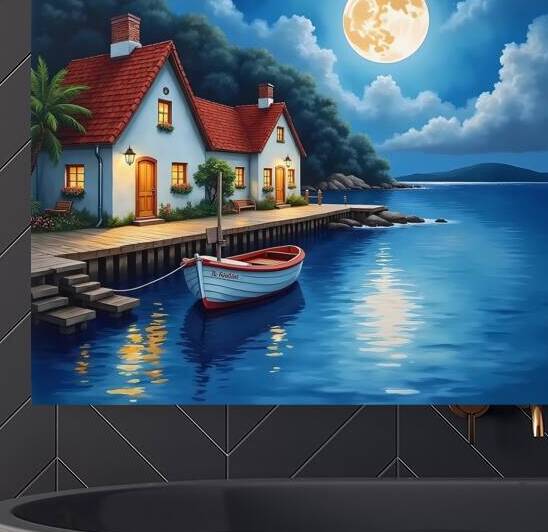 A serene coastal scene featuring a cottage pier and boat under a moonlit sky filled with stars and shimmering reflections. Generative Al by Arteza