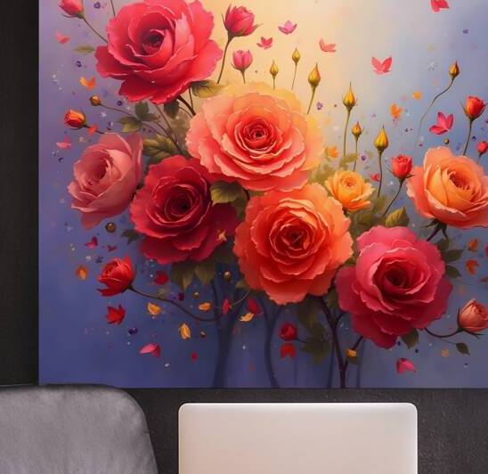 A striking image of roses and butterflies set on a blue background radiating color and joy for any occasion. Generative Al by Arteza