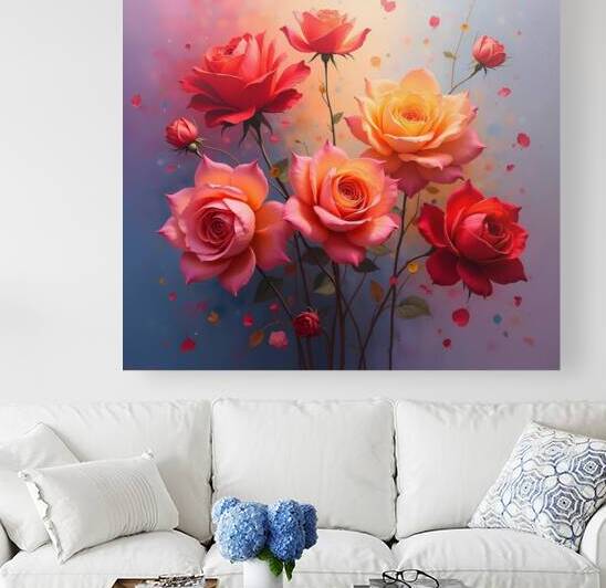 A vibrant painting of numerous roses showcasing delicate petals and shimmering dew creating a romantic atmosphere. Generative Al  by Arteza