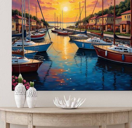 A vibrant sunset over a harbor filled with colorful boats creating a serene coastal atmosphere. Generative Al by Arteza