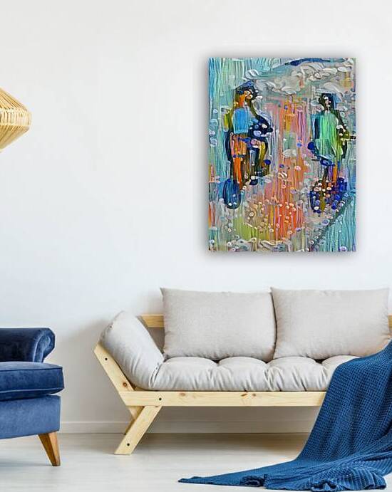 figures cycled through a vibrant abstract landscape by Luciano