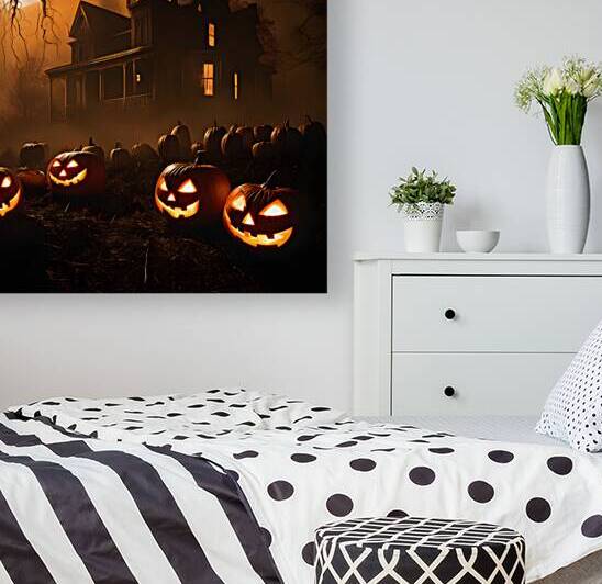 Eerie Halloween Scene with Carved Pumpkins and Full Moon by Abdu innovations