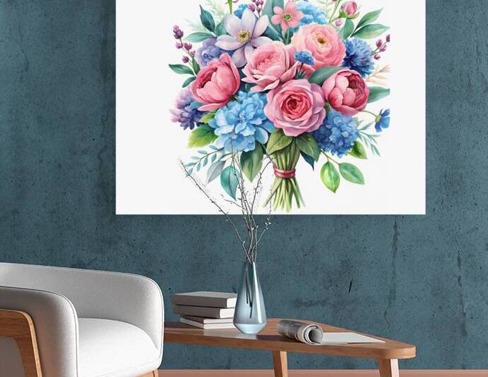 watercolor pink and blue flowers bouquet by rassam