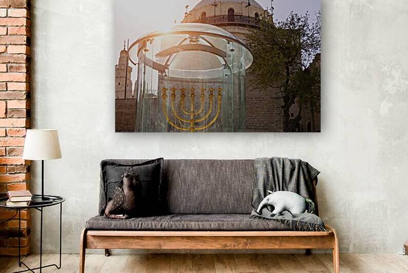 Israel Jerusalem golden menorah in Old City Jewish quarter near Western Wall and Dome of Rock by Elijah Lovkoff
