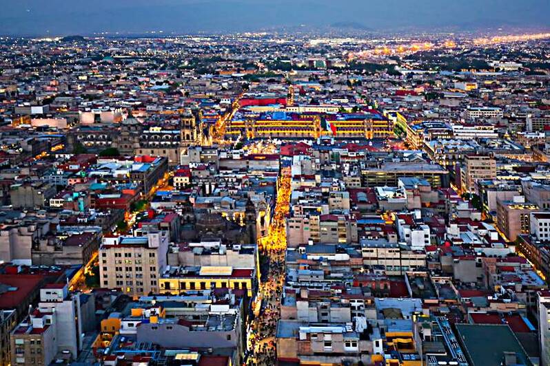 Aerial view of Mexican downtown and Zocalo Historic center Center by Elijah Lovkoff