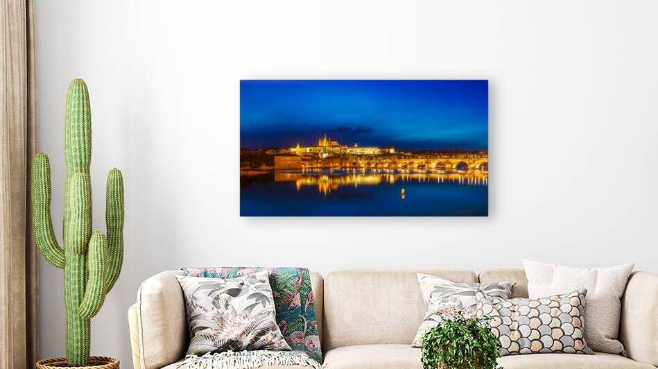 View of Charles Bridge Karluv most and Prague Castle Prazsky hrad in twilight. Panorama by Dmitry Rukhlenko