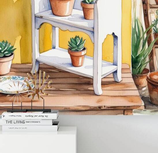  Illustration of a vintage white stand with a succulent plant by Kawtar el harda