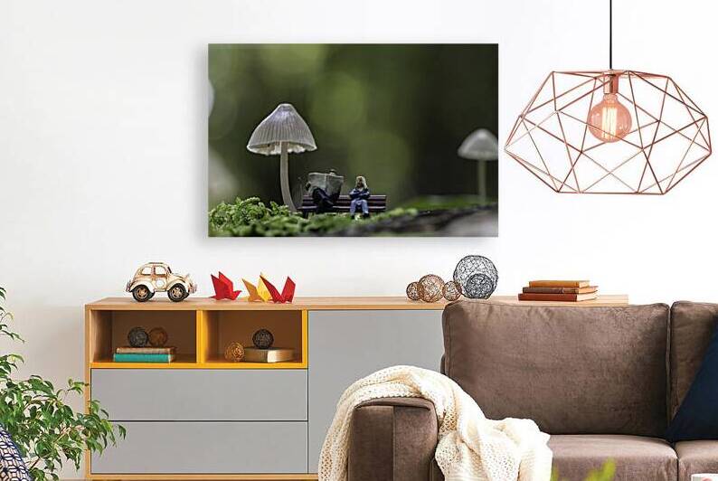 Miniature Figures Relaxing on a Bench Under Giant Mushrooms by Chris Willemsen