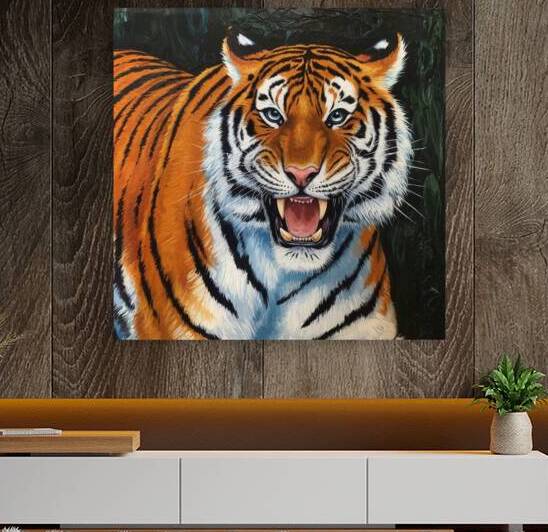 A painting of a tiger with orange stripes by Kawtar el harda