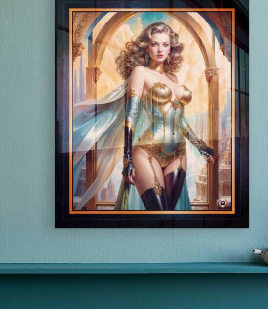 Regal Woman In Opulent Gold And Turquoise Attire Amidst Classic Cityscape Mesmerizing AI Concept Art by Xzendor7 by xzendor7