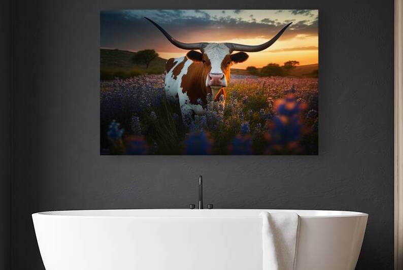 Texas longhorn cow bluebonnets at sunset by DELPHIMAGES