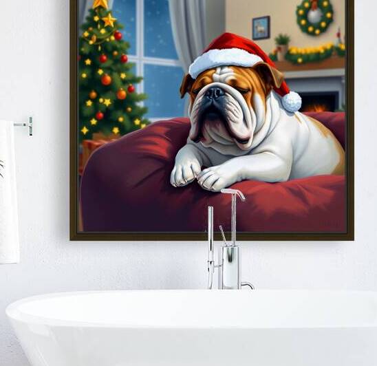 Bulldog in Santa Hat Christmas Living Room by Row One Brand
