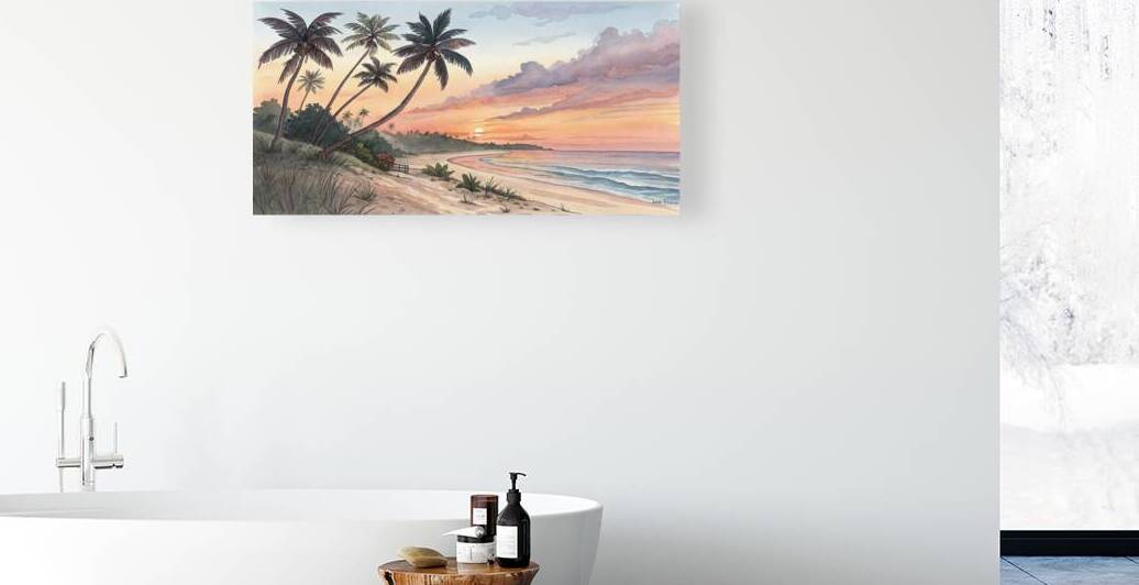 Sunset on a Tropical Beach Watercolor by Art by Josh