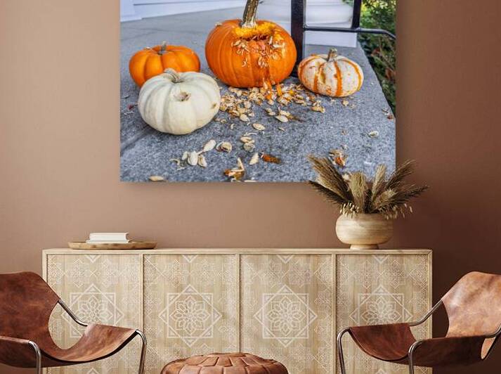 Pumpkins on porch steps gnawed open by Jo Ann Snover