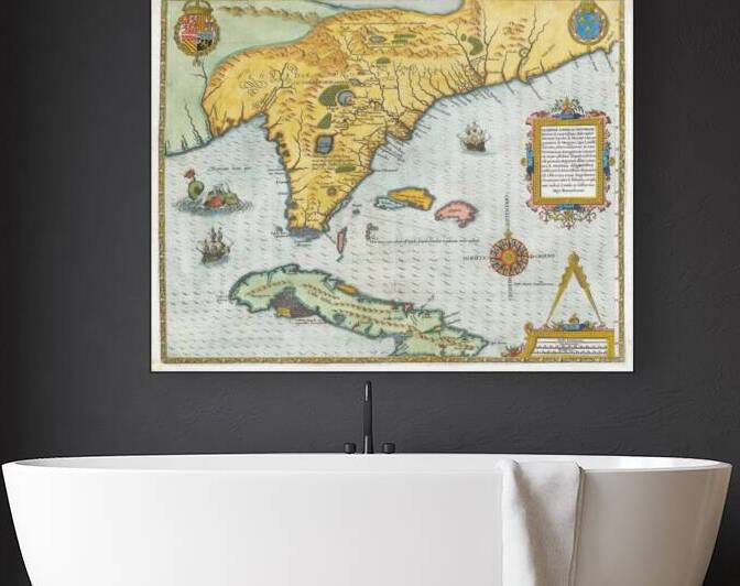 1591 De Bry and Le Moyne Map of Florida and Cuba – Renaissance-Era Engraving Based on French Exploration Showing Native Villages Rivers and Coastal Features of the Southeastern Americas by History In Your Home