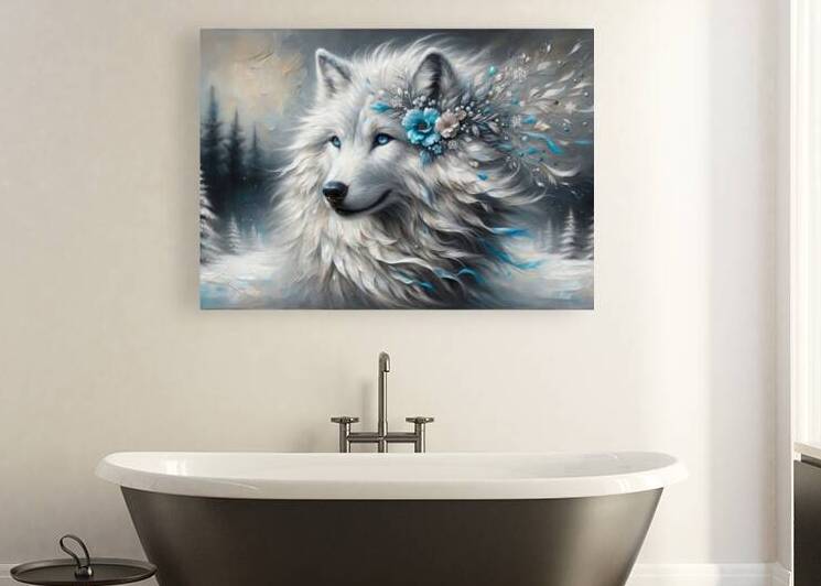 Majestic White Wolf with Floral Crown - Winter Fantasy Artwork by Anne Laure GOUPIL