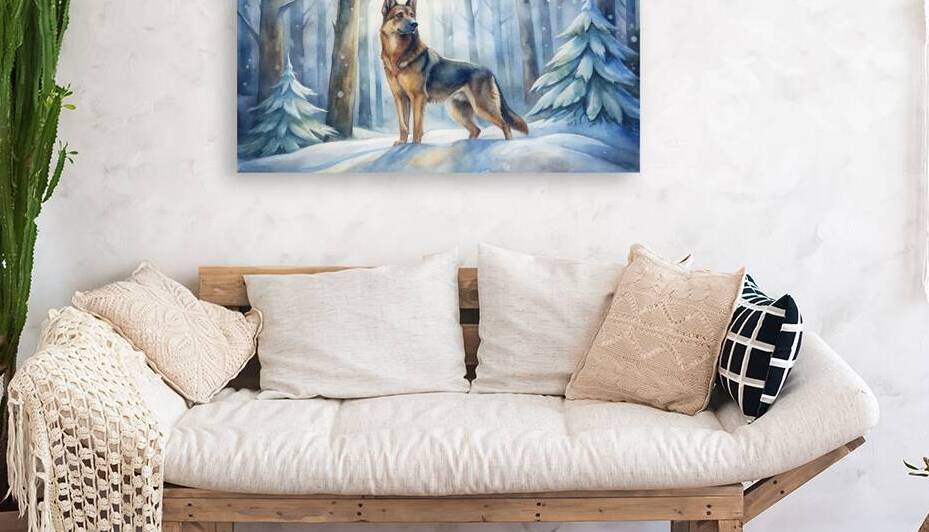 Noble German Shepherd in a Serene Snowy Forest - Watercolor Winter by jawad farah