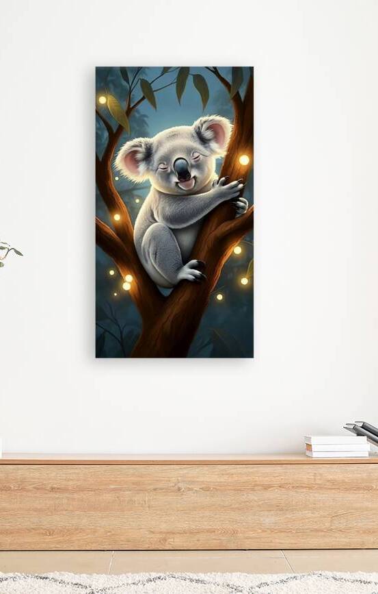 A koala sits contentedly on a tree trunk at night.  by hasan madan