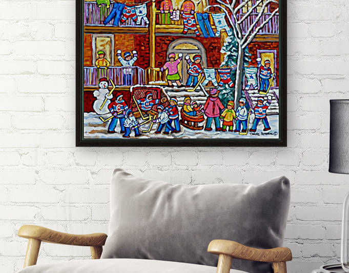 MONTREAL WINTER PORCH SCENE FUN WITH SNOW by Carole  Spandau