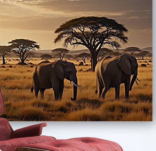 Golden Savanna: Sunlit Grasslands with Majestic Elephants and Acacia Trees by Ahmed Abdulaal