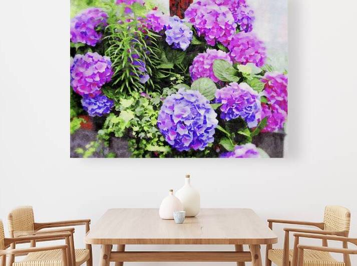 Colorful watercolor of vibrant hydrangea flowers in bloom by Gestalt Imagery