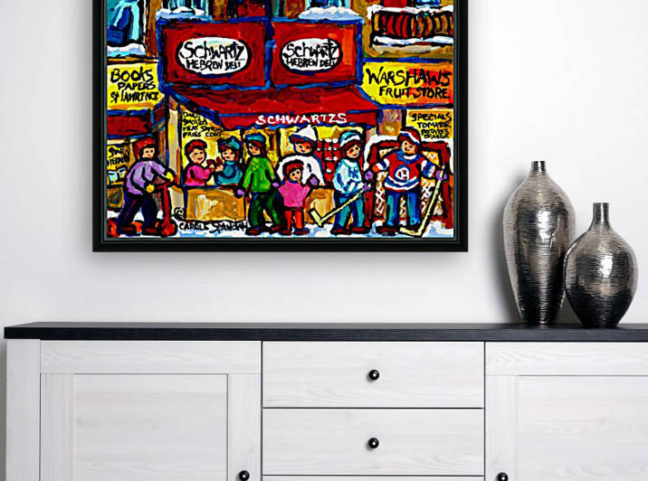 SCHWARTZ S DELI MONTREAL MONTREAL WINTER SCENE PAINTING  by Carole  Spandau