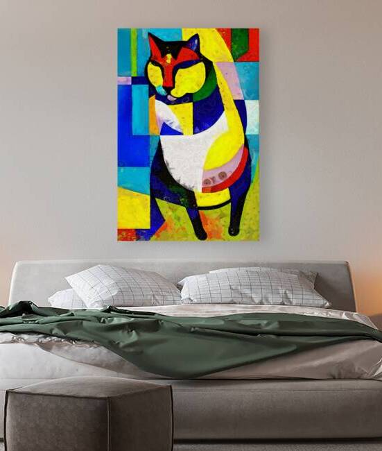 Colorful & Vibrant Retro Mid Century Modern Style Abstract Cat Painting by Sandy Richter