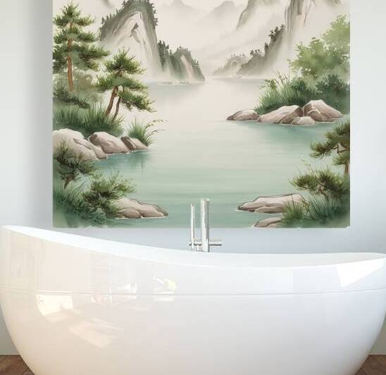 Tranquil Mist: Traditional East Asian Landscape Art in Watercolor by Nemer Mohammed