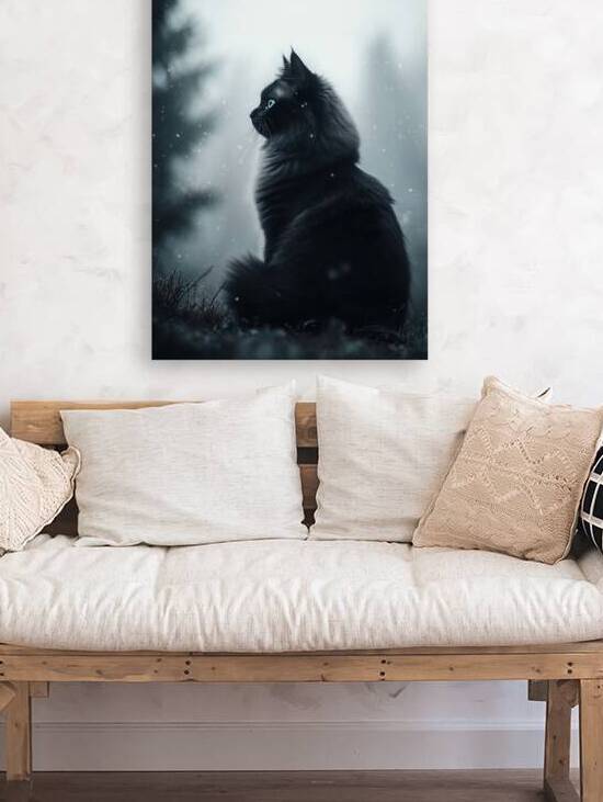 Black Cat with Blue Eyes – Serene Winter Landscape Artwork by Anne Laure GOUPIL